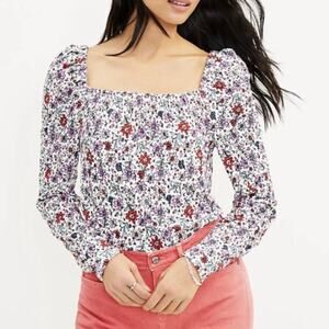LOFT Bloom Smocked Square Neck Top Long Sleeves - Size XL